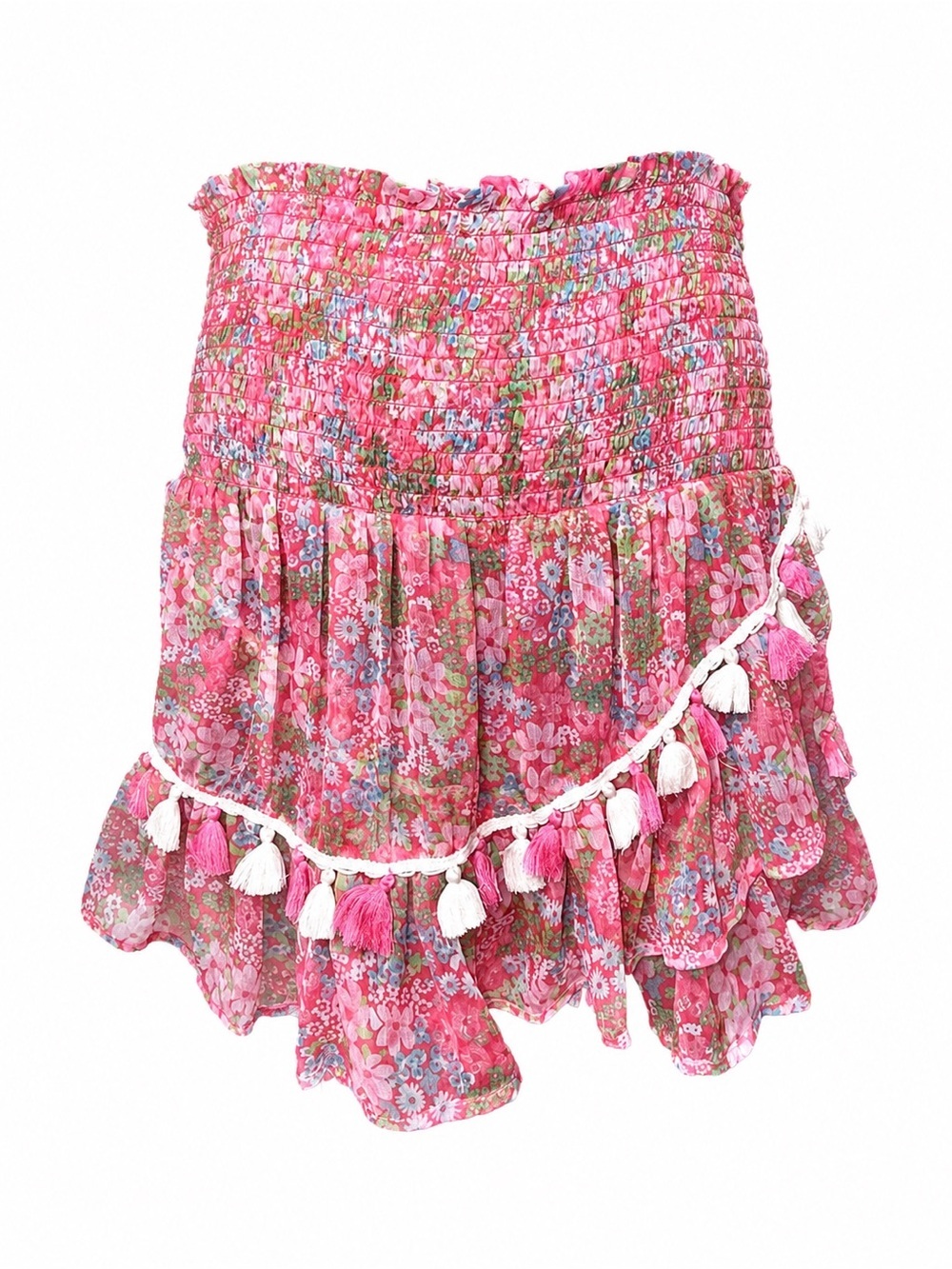 Ramy Brook Pink Floral Smocked Mini Skirt M Tassel Fringe Boho Coquette Summer⁠